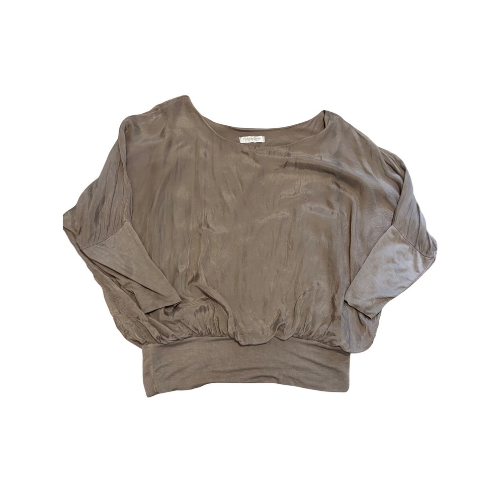 Cobblestone Made in Italy Silk Blend Dolman Sleeve Blouse Taupe Ribbed Hem Top - Picture 4 of 6